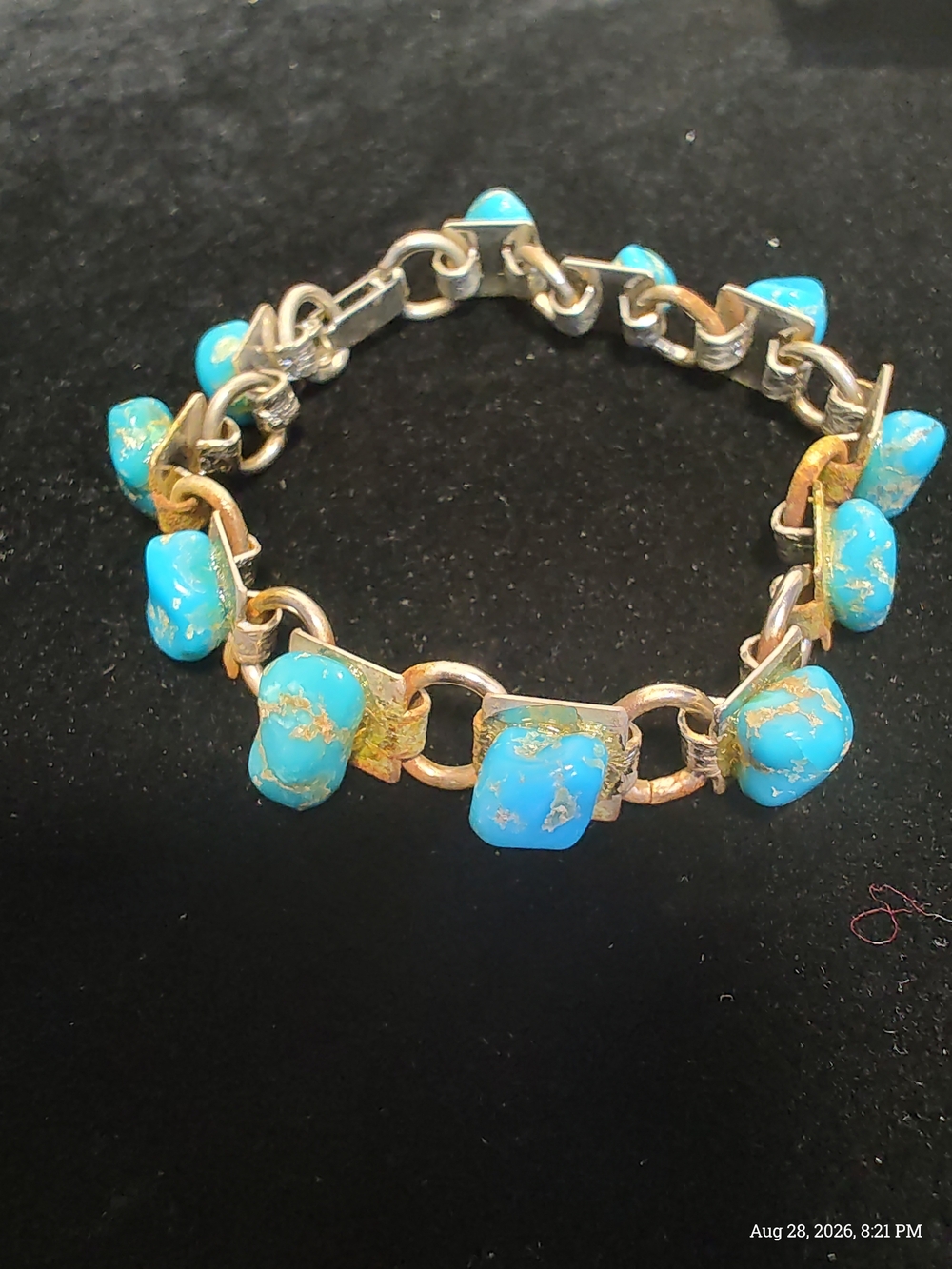Turquoise Stone Link Metal Bracelet - Blue Gem Charm Bracelet READ